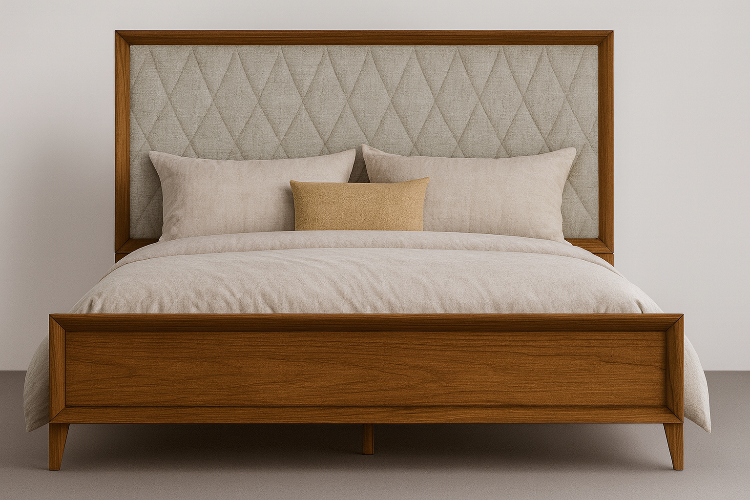 01 cama de casal em madeira macica estofada ligna