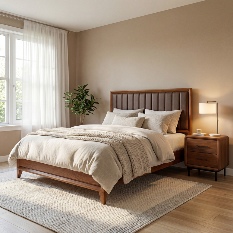 Cama de madeira maciça Ligna em ambiente sofisticado com iluminação natural