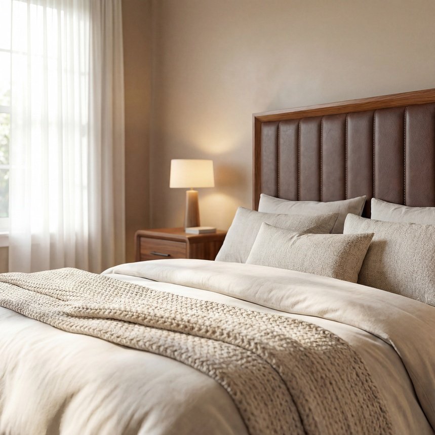 Cama estofada em couro ecológico em ambiente de quarto luxuoso