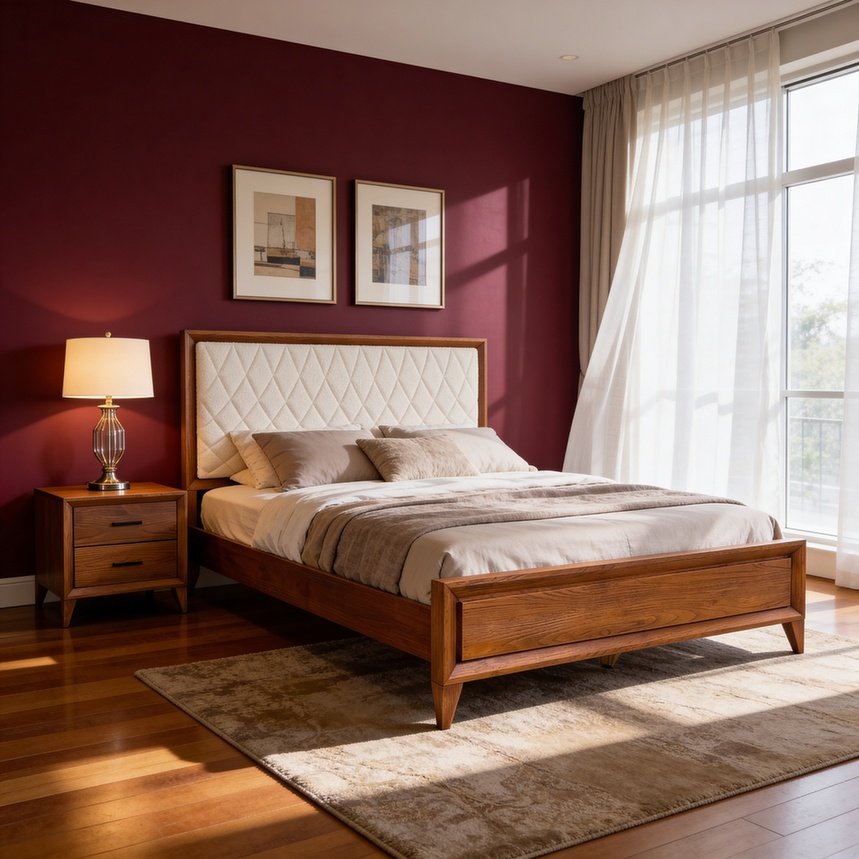 Cama Ligna estofada em madeira maciça em quarto decorado com espaço livre ao redor