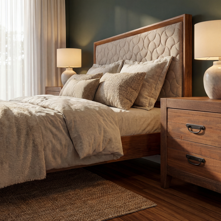 Cama king Ligna em madeira maciça em quarto com decoração elegante