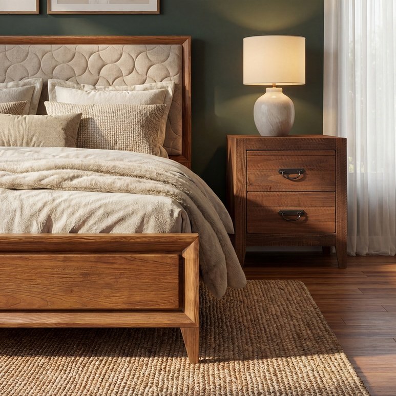 Cama king em madeira maciça num quarto com decoração moderna e plantas