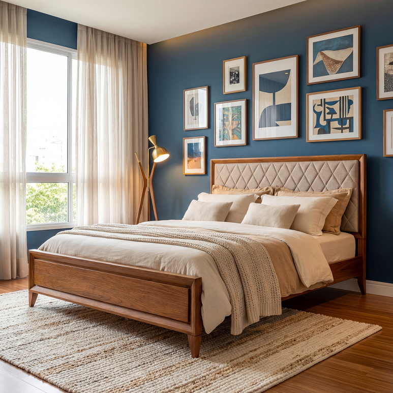 Cama Ligna estofada em madeira maciça com linho Boucle Aveia em quarto moderno