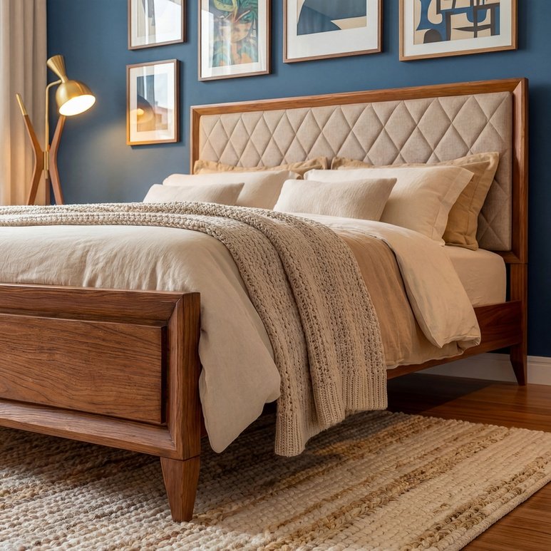 Cama Ligna estofada com linho Brooks Palha em ambiente decorado