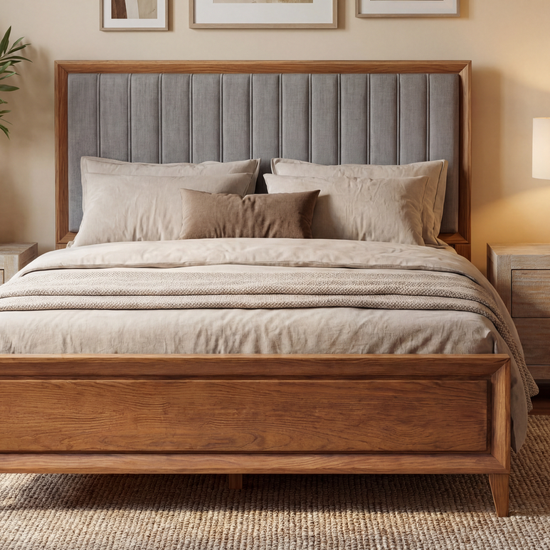 Cama de madeira com cabeceira em linho natural