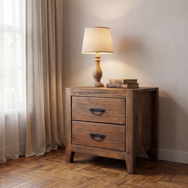 Mesa de cabeceira Harbor em madeira maciça ao lado de cama em quarto