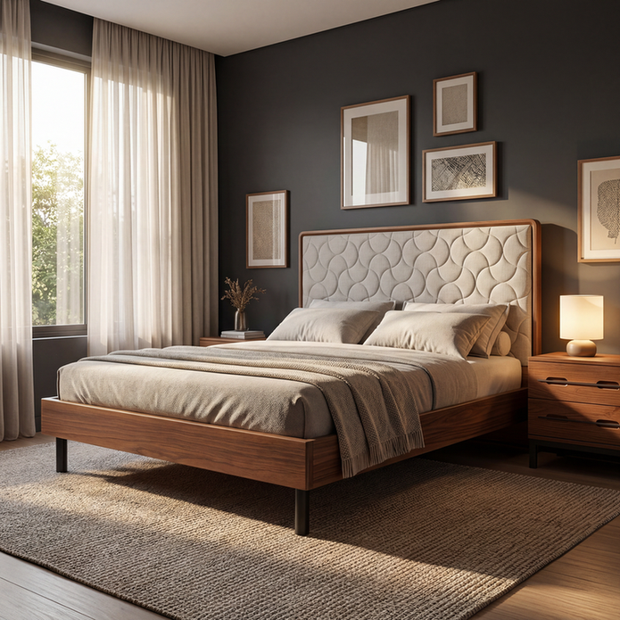 Cama Riven estofada em madeira maciça com acabamento premium em ambiente acolhedor