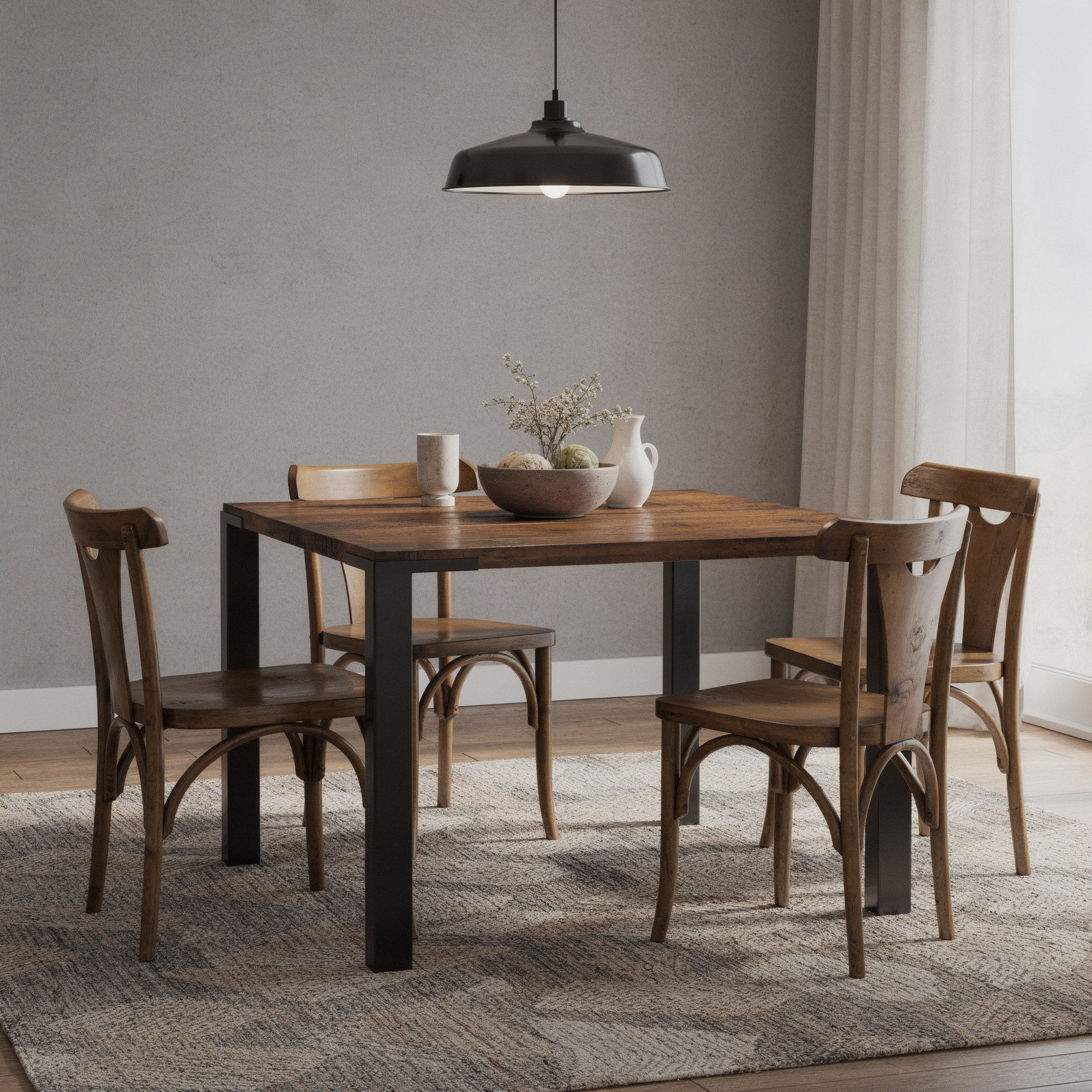 Conjunto de mesa Kemp com 4 cadeiras Jazz em madeira maciça em sala de jantar