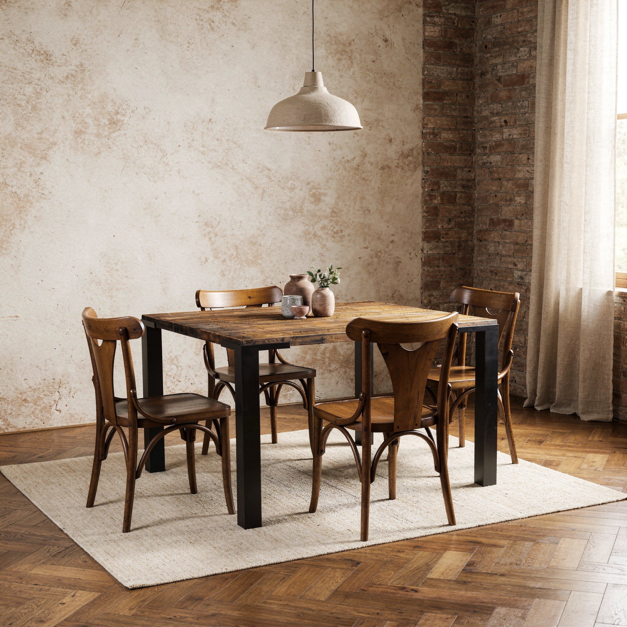 Conjunto de mesa Kemp com 4 cadeiras Jazz em madeira maciça em sala de jantar