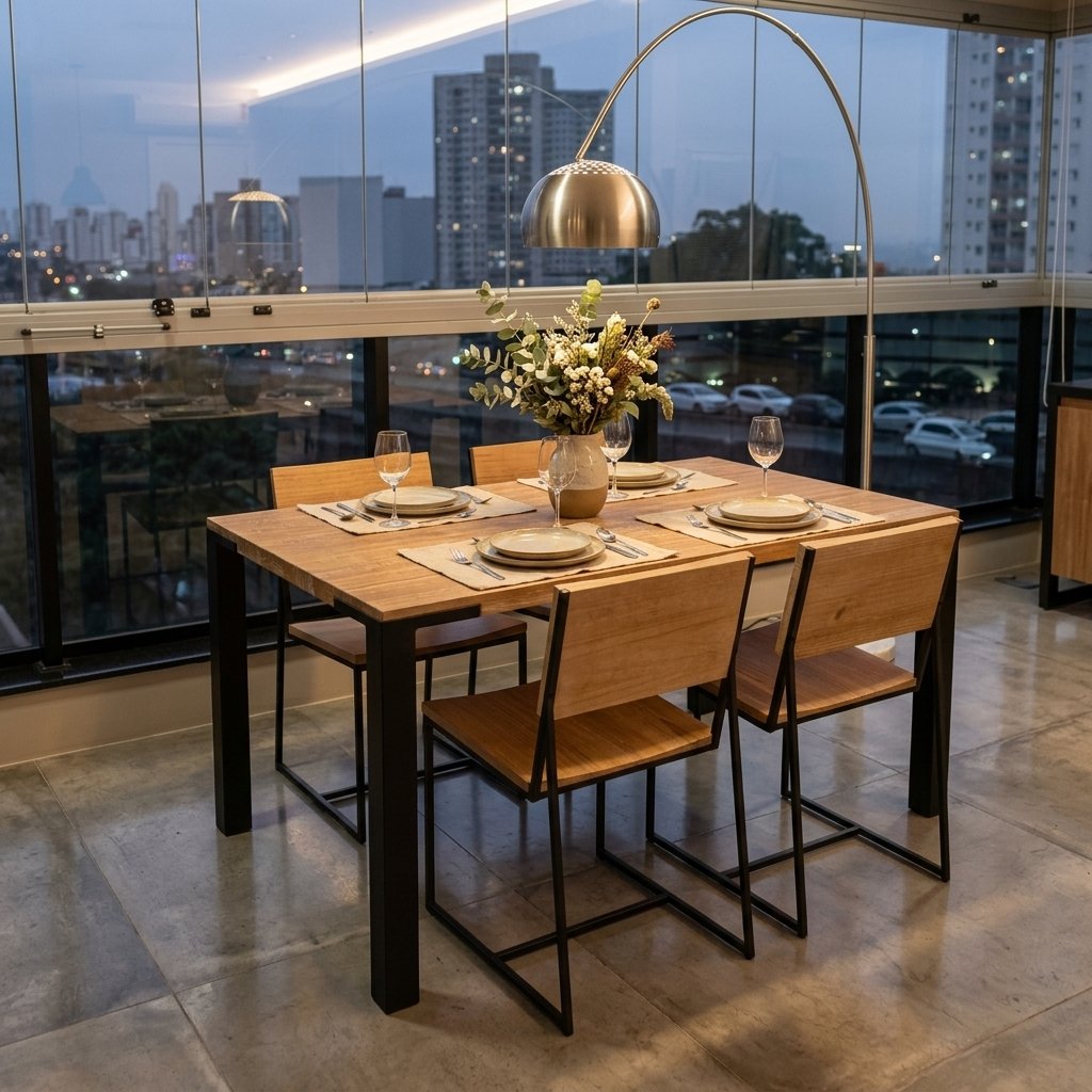 Mesa de jantar Kemp de madeira maciça com cadeiras em sala