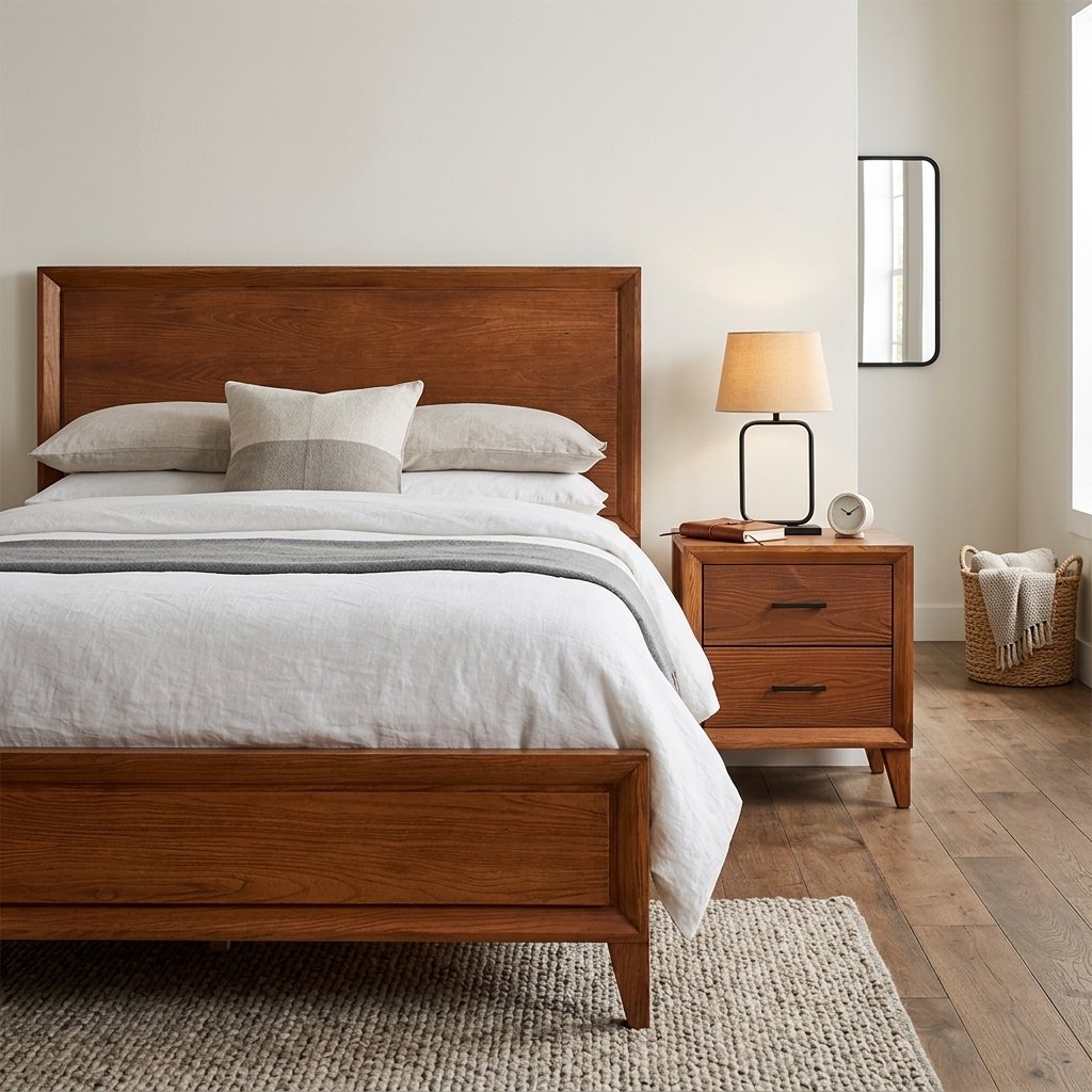 Mesa de cabeceira Ligna em madeira ao lado de cama em quarto