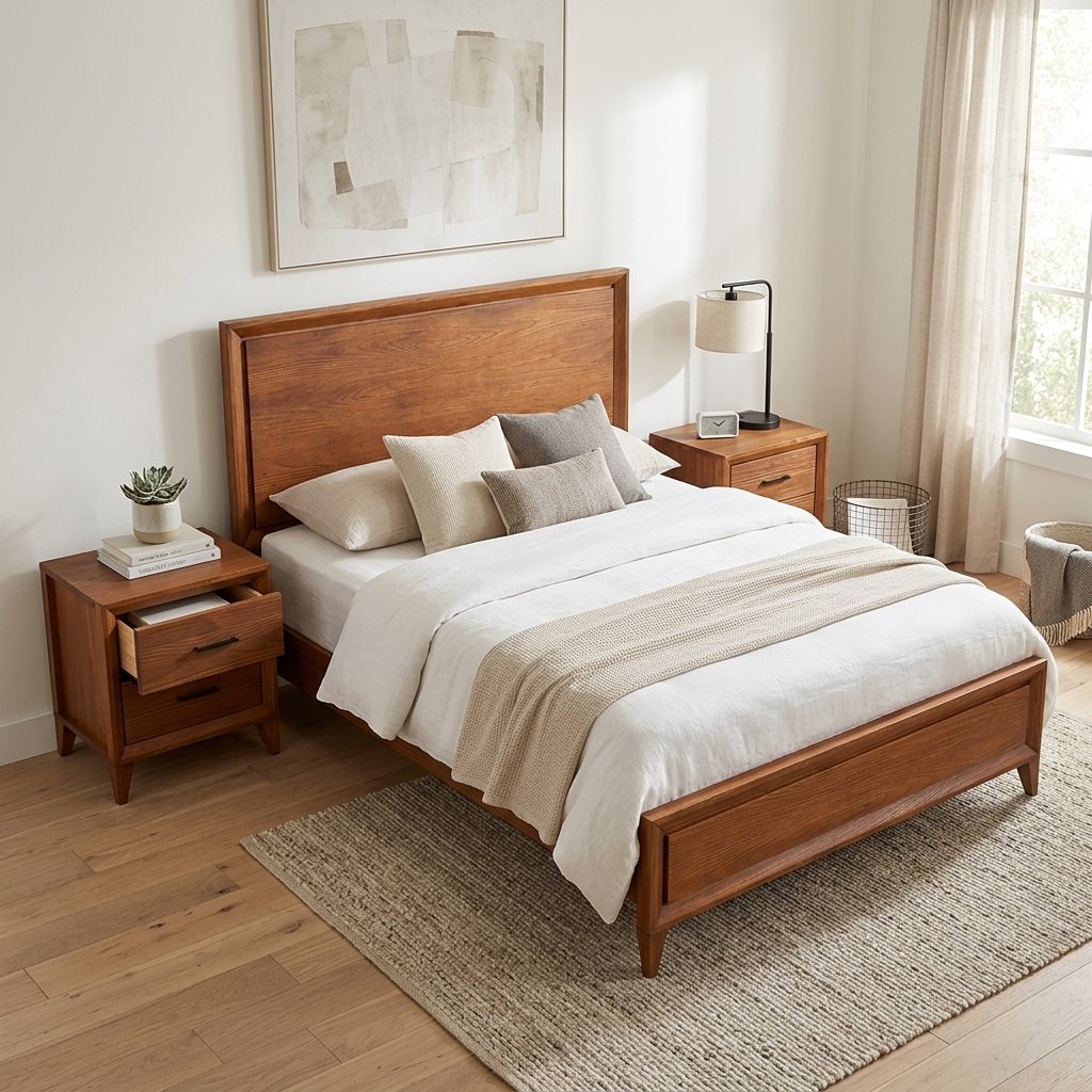 Cama com criado de madeira maciça Ligna em quarto bem iluminado