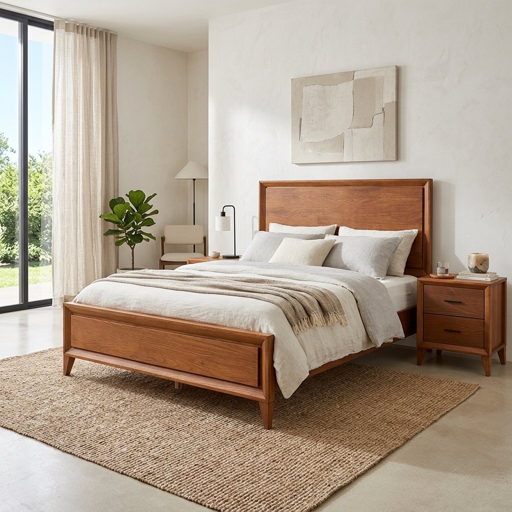 Cama Ligna com mesa de cabeceira ao lado em quarto bem iluminado com circulação ampla