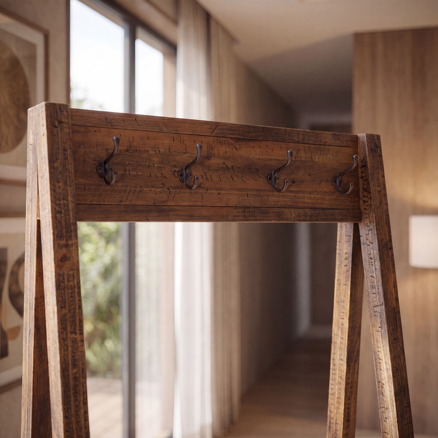 Cabideiro Hang Castanho em corredor com arranjos decorativos
