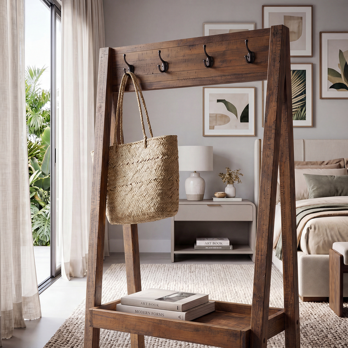 Cabideiro Hang Castanho em closet com roupas organizadas