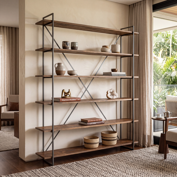 Estante Sutton de madeira maciça com design industrial