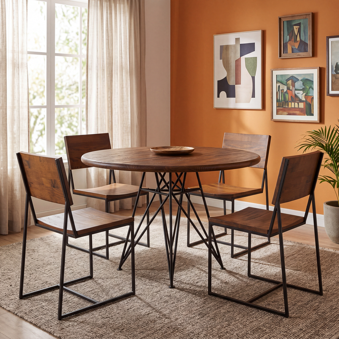 Mesa de jantar redonda Newport em sala pequena decorada com plantas e tapete