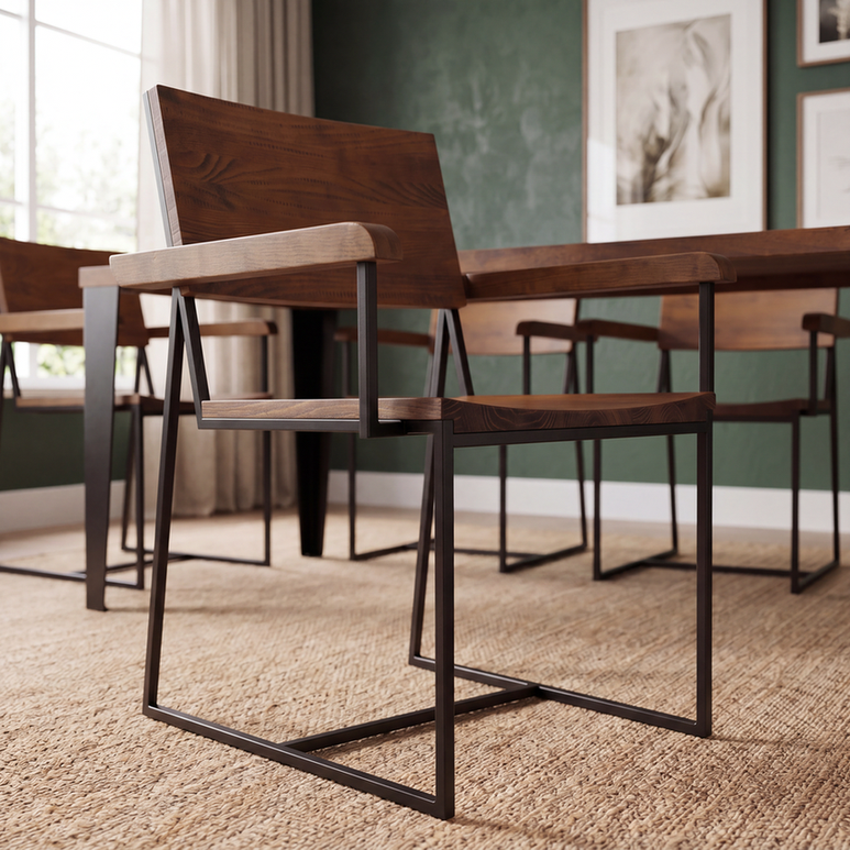 Duas cadeiras rústicas Dexter em ambiente de sala de estar com mesa e decoração