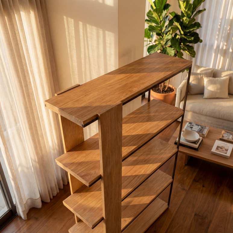 Estante Izzy de madeira maciça em quarto com plantas e decoração