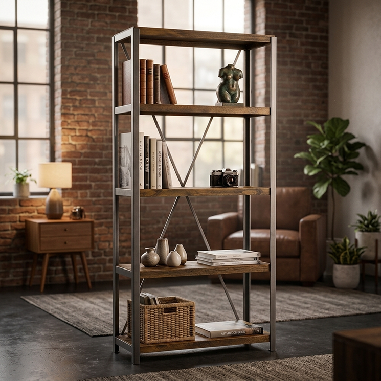 Estante Loft de madeira maciça e metal em sala com sofá e decoração