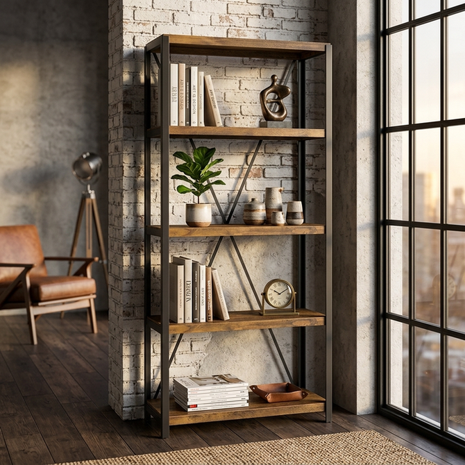 Estante Loft de madeira maciça em ambiente contemporâneo
