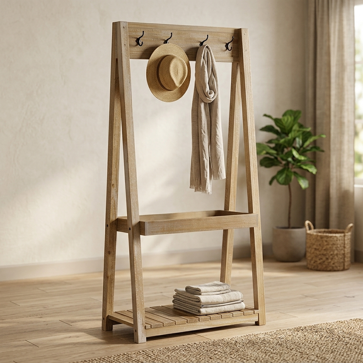 Cabideiro de madeira Hang Madeira Envelhecida instalado em sala com plantas e decoração