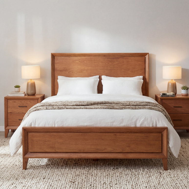 Cama Ligna queen em madeira maciça com estofado de linho boucle aveia