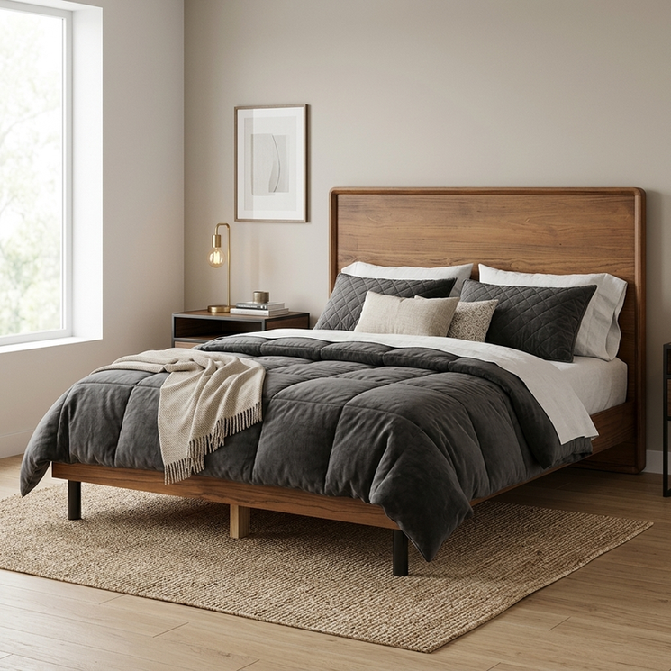 Cama Riven queen em madeira maciça com design contemporâneo