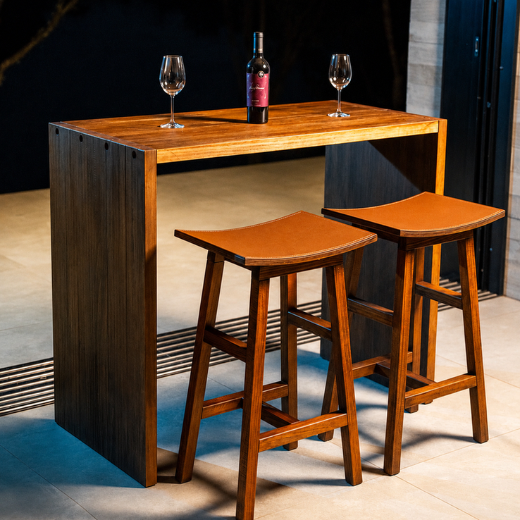 Balcão Wine em madeira maciça rústica em cozinha moderna com banquetas Clark de madeira