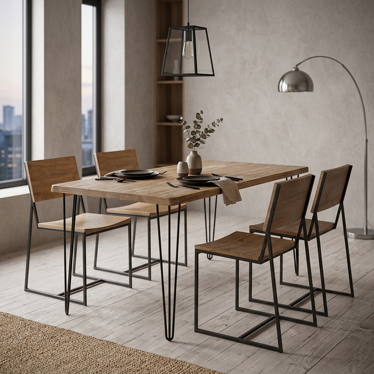 Mesa de jantar de madeira maciça Pin com estrutura em aço em ambiente