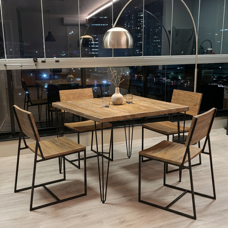 Mesa Pin Quadrada em madeira maciça em ambiente de jantar compacto