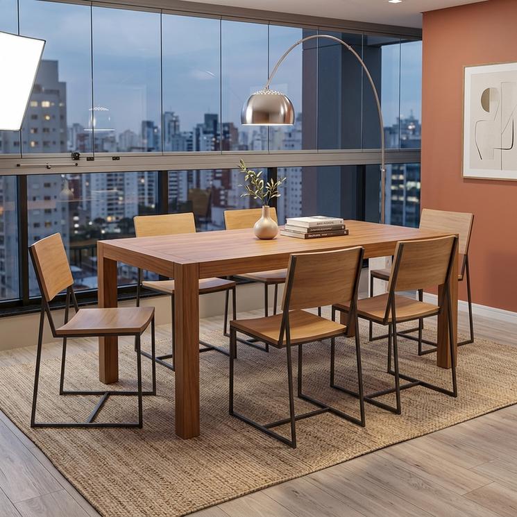 Mesa de jantar em madeira escovada em ambiente de sala de jantar