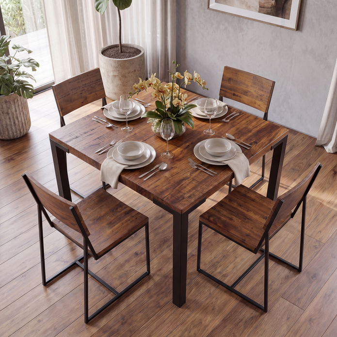Mesa de jantar Kemp quadrada de madeira maciça com pés em aço grafite