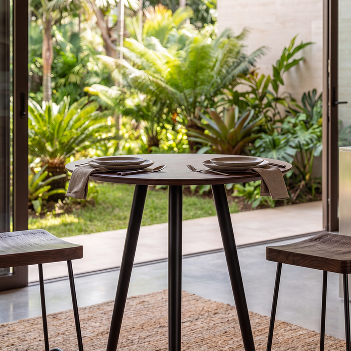Mesa bistrô Vero em madeira maciça com base de aço em cozinha integrada