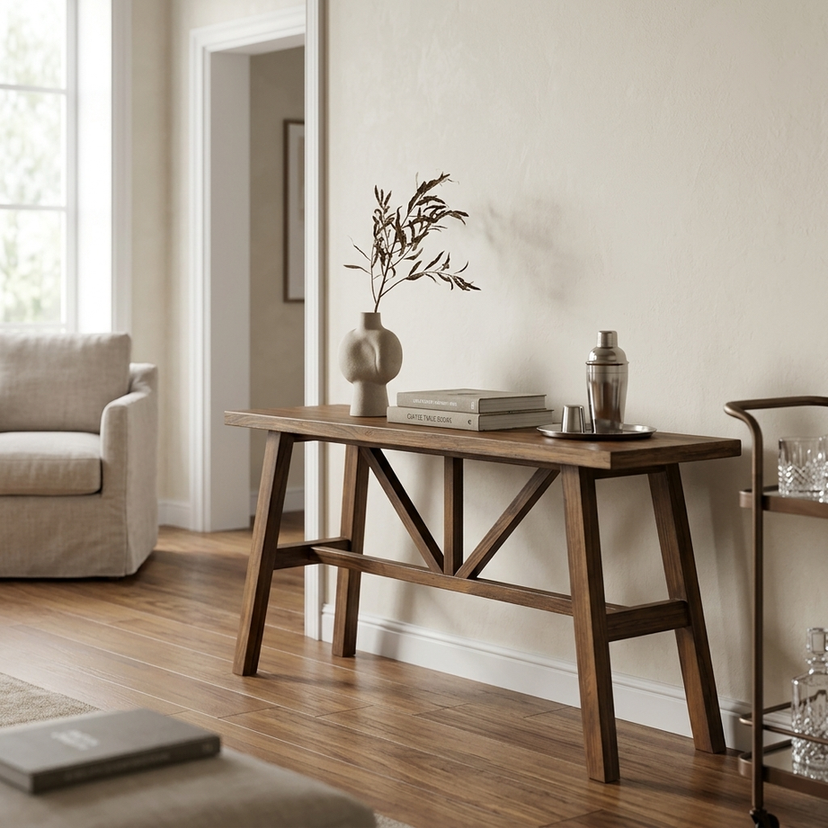 Aparador Denver de madeira maciça em sala decorada com móveis complementares
